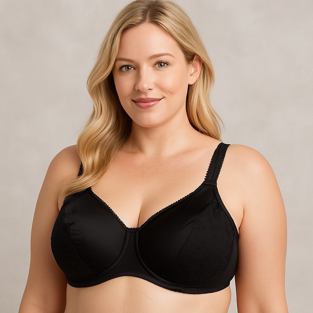 Olga 42D Black Lace‎ Satin Underwire Bra Full Coverage Comfort Support 35063